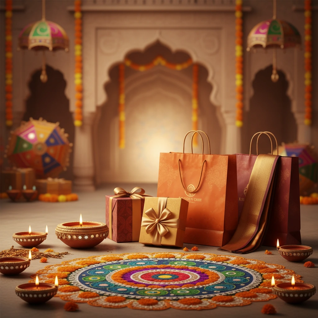 Large clear image of festive shopping items and colorful rangoli for Indian sale"