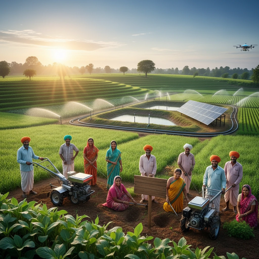 PM Dhan-Dhaanya Krishi Yojana logo with agricultural fields and irrigation graphic