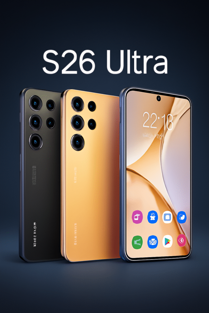 Three smartphones showcasing S26 Ultra