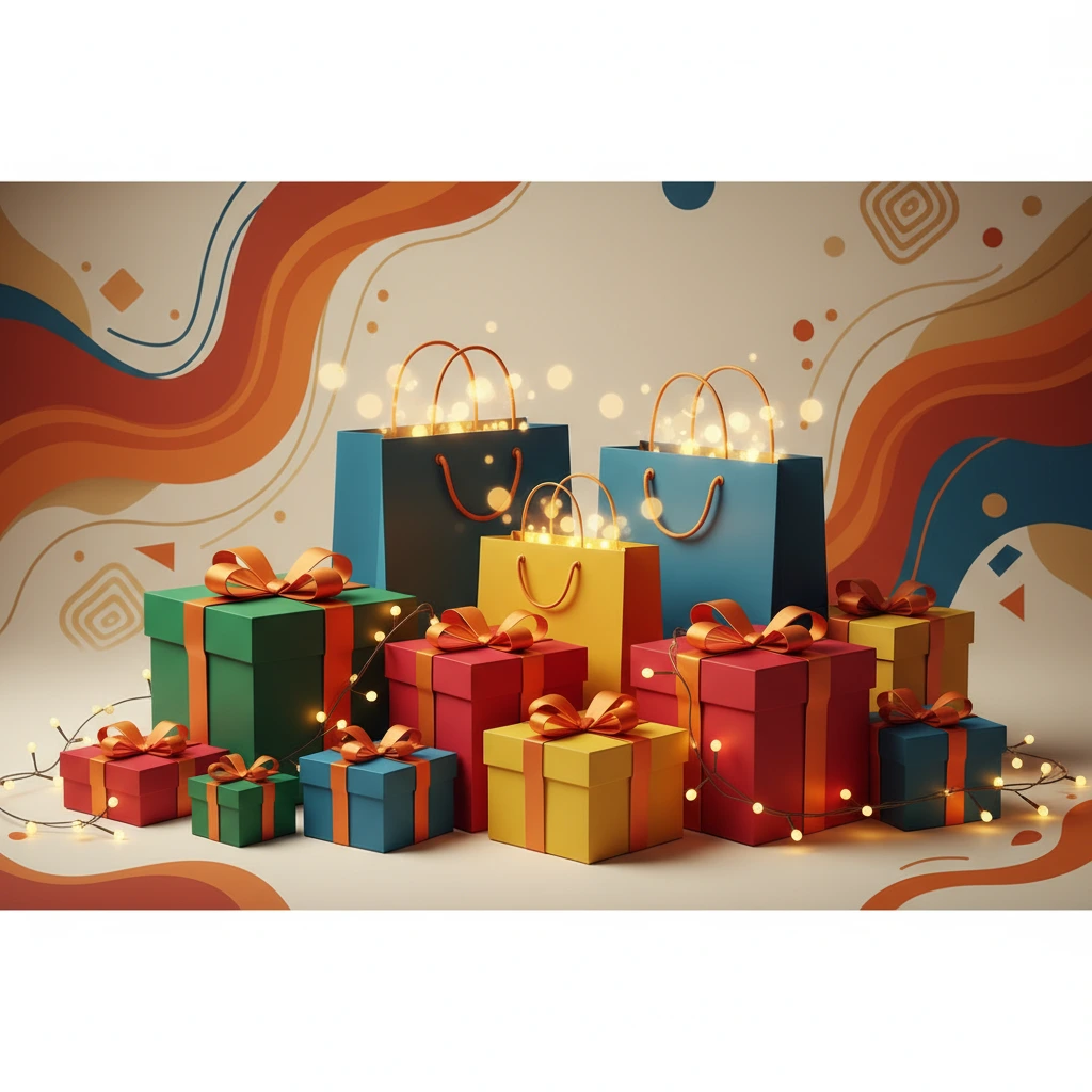 "Indian shopping festival vibrant gifts and shopping bags on colorful background