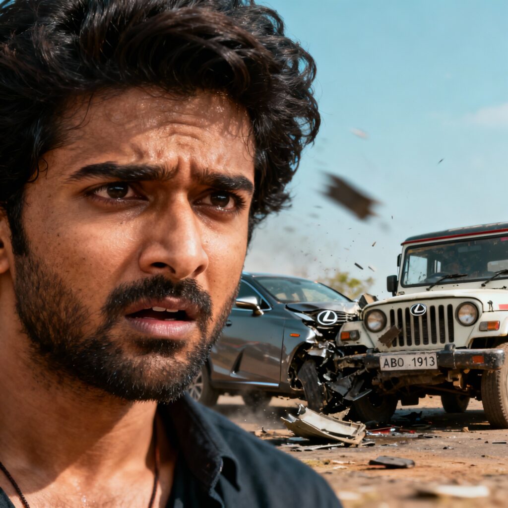 Vijay Deverakonda’s damaged Lexus car after Bolero collision near Undavalli – October 2025